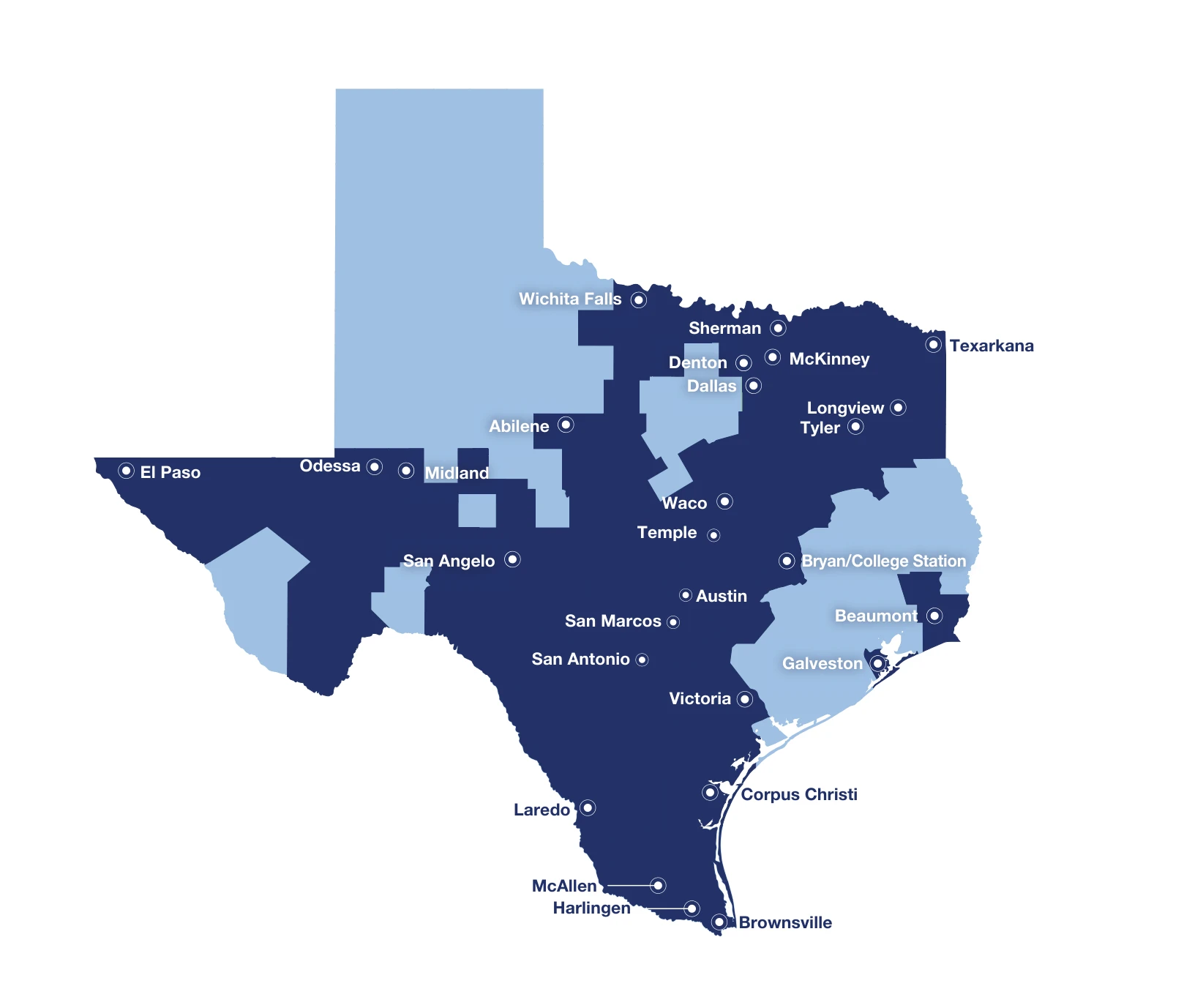 Gift of Life Alliance’s 2026 Texas coverage map, showing highlighted service areas and city labels including Dallas, Austin, San Antonio, El Paso, and Brownsville.